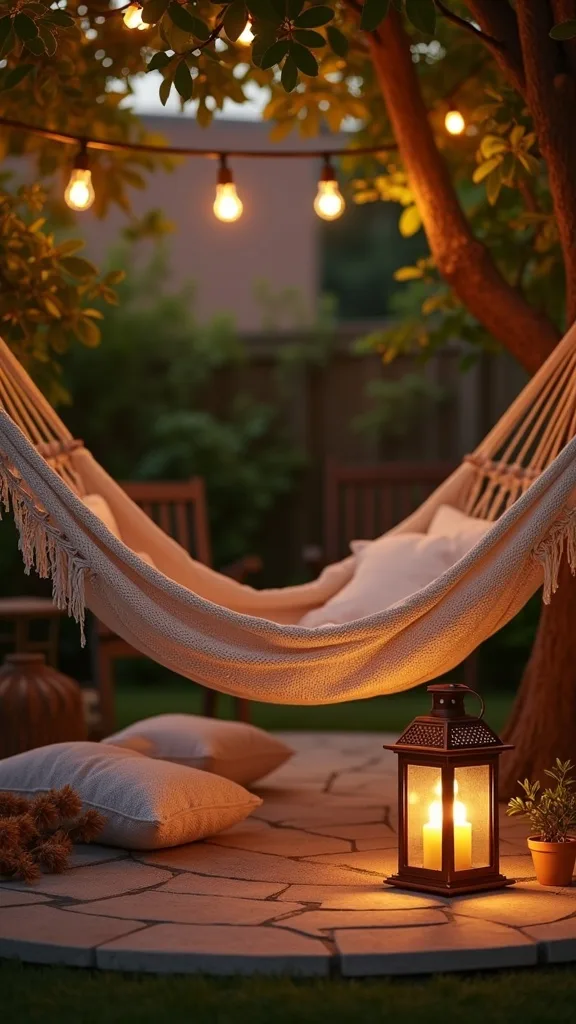 Evening Glow Setup With String Lights and a Single Statement Lantern
