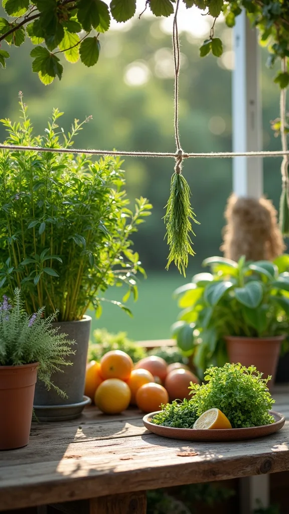 Herb Drying Line on the Patio for Summer Preserving