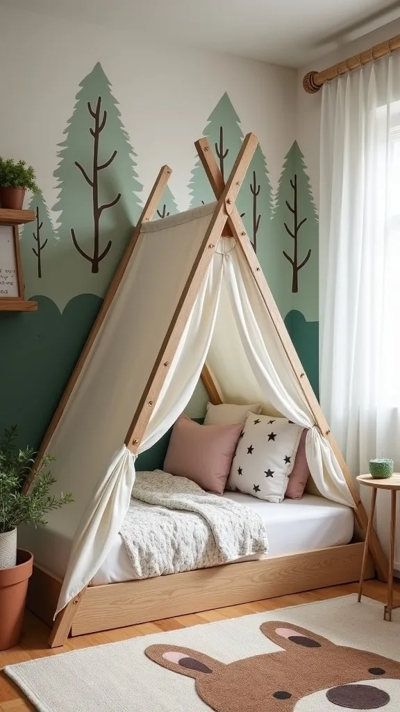 Start with the Forest Mural + Teepee Nook + Pine Bunk + Animal Rug “Base Scene”