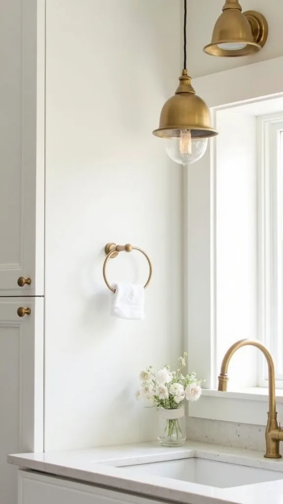 Aged Brass Pendants for Warmth With White Cabinets