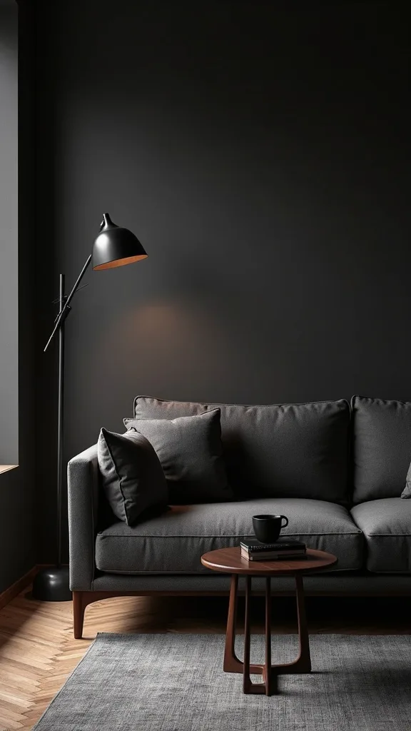 Use Dark Wood Tones to Warm Up Charcoal Walls