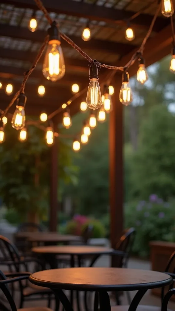 Café-Style Edison Bulb Spans Across Pergola Posts Over a Bistro Table