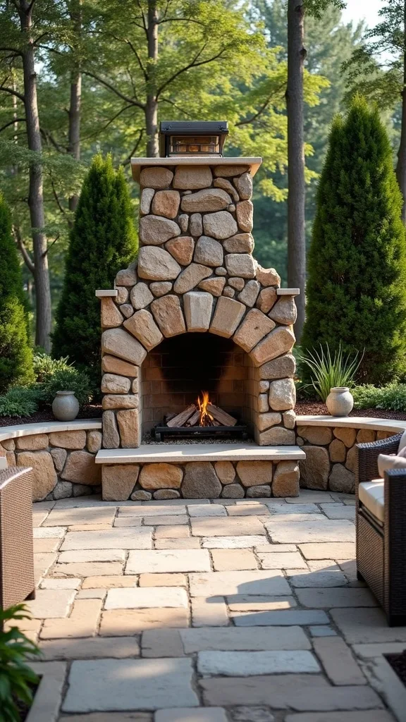 Fireplace Feature: River Rock Fireplace Apron Outdoors