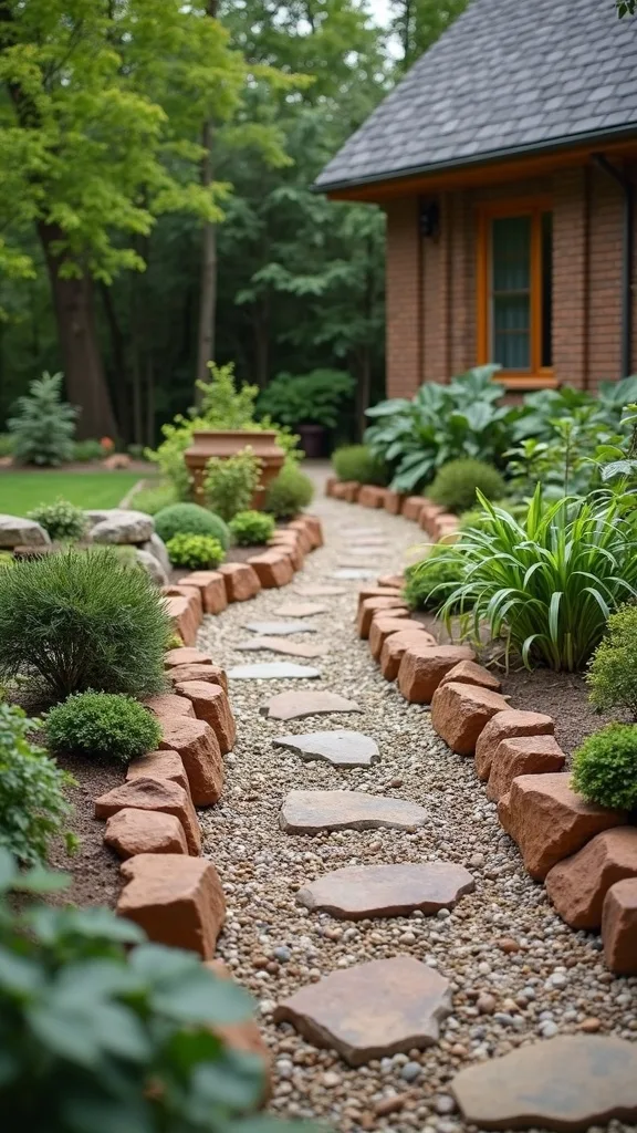 Cottage-Style River Rock Garden Border with Brick Soldiers
