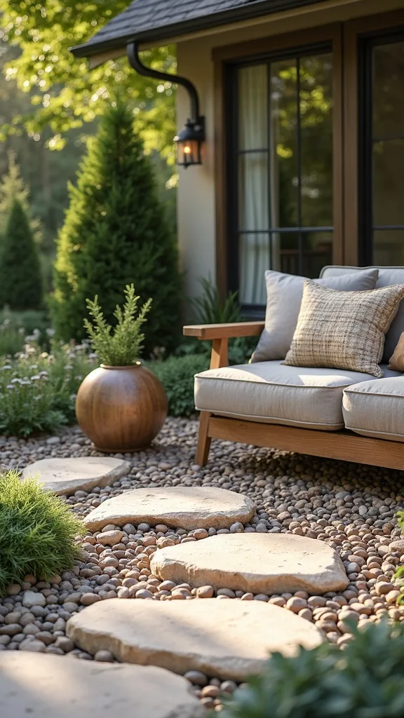 River Rock Around Outdoor Furniture Legs to Prevent Sinking