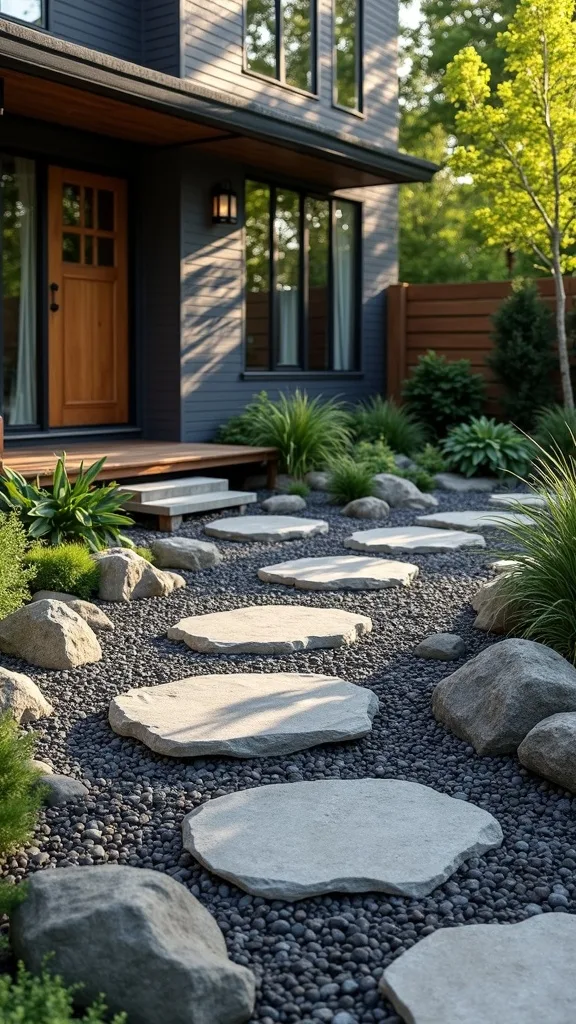 Modern Black River Rock Landscaping as a Bold Accent Stripe