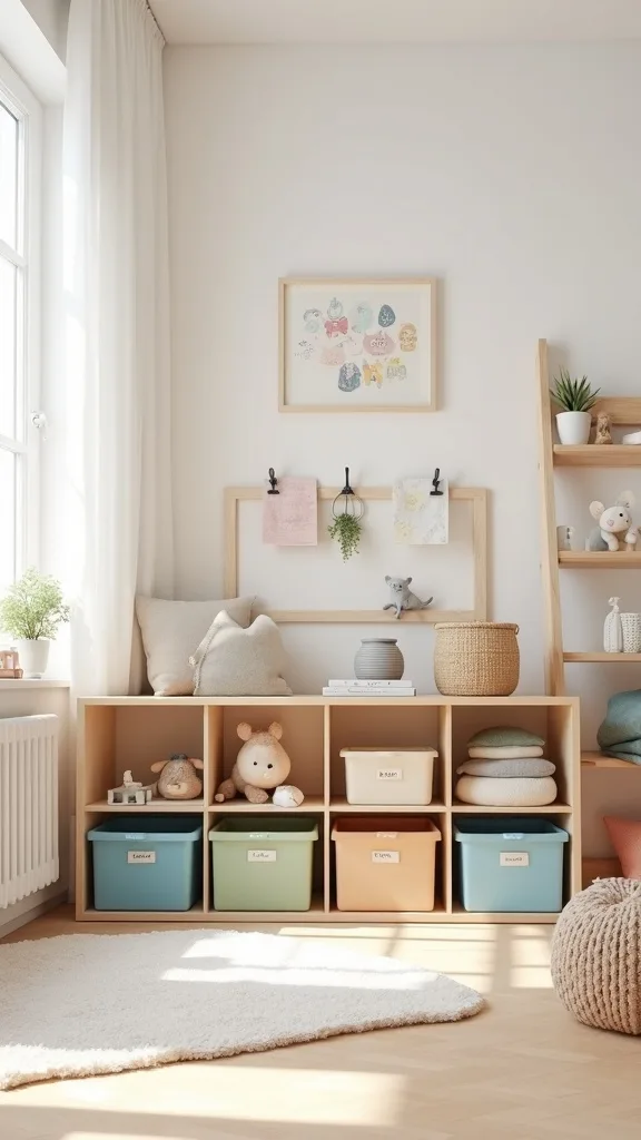 Low Open Cubbies + Labeled Color Bins + Soft Rug Zone + Art Display Clips