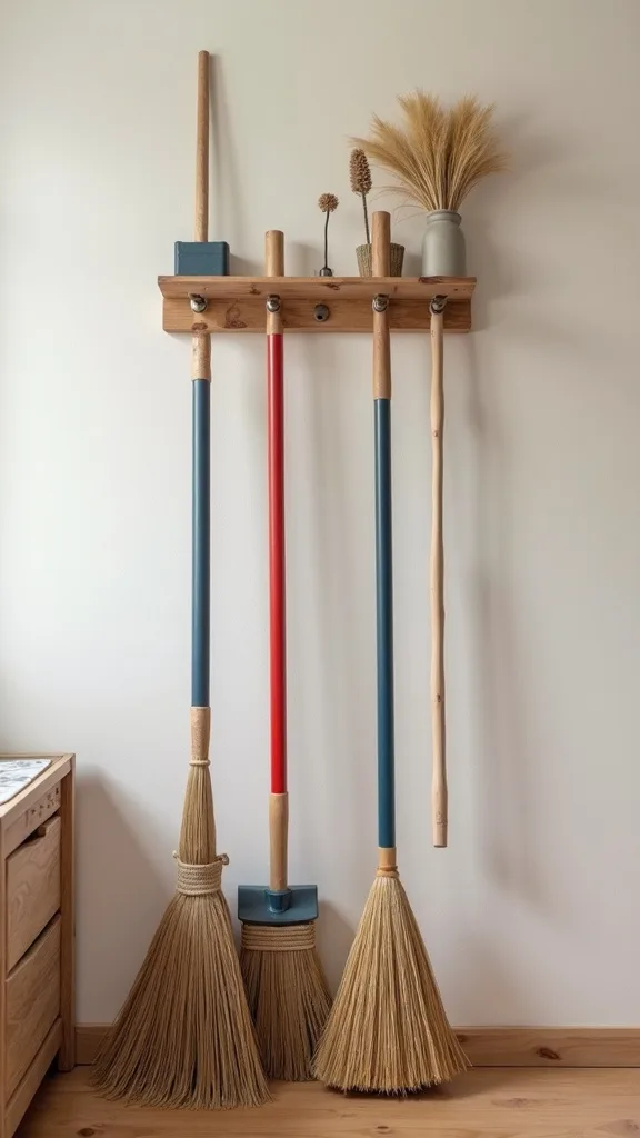 Use a Wall-Mounted Broom Clip Rail for Bats, Sticks, and Foam Swords