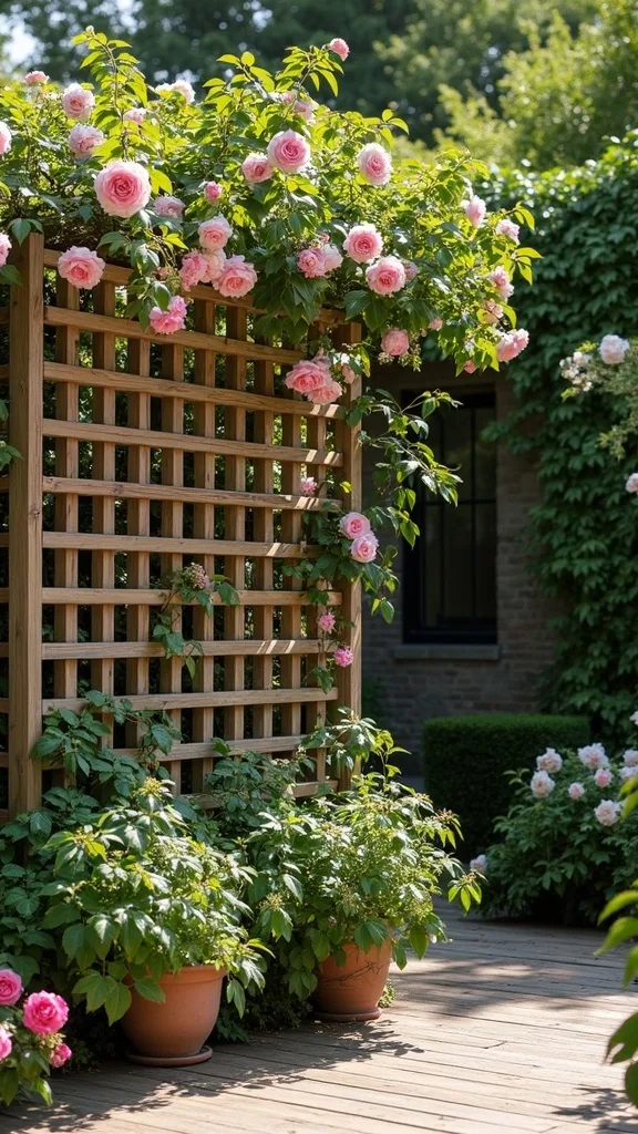 Wooden Panel Privacy Screen with Climbing Roses and Jasmine