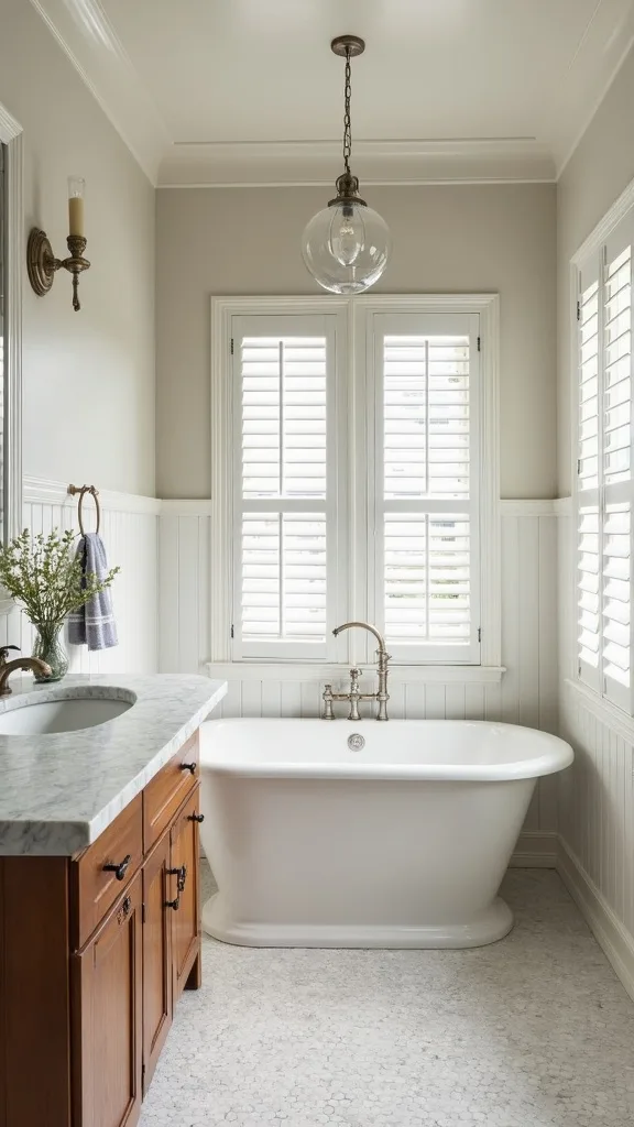 Build the whole story around polished nickel, penny rounds, a pedestal sink, and an oak cabinet