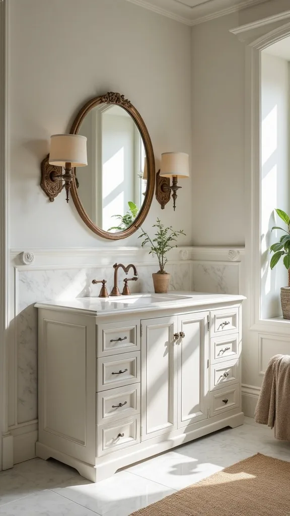 Bring in an antique bathroom accent with art that can handle humidity