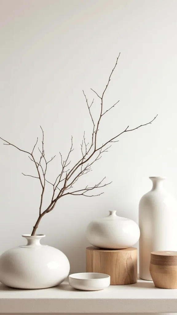 Style the core vignette: ceramic vessels, linen, wood stools, and one branch