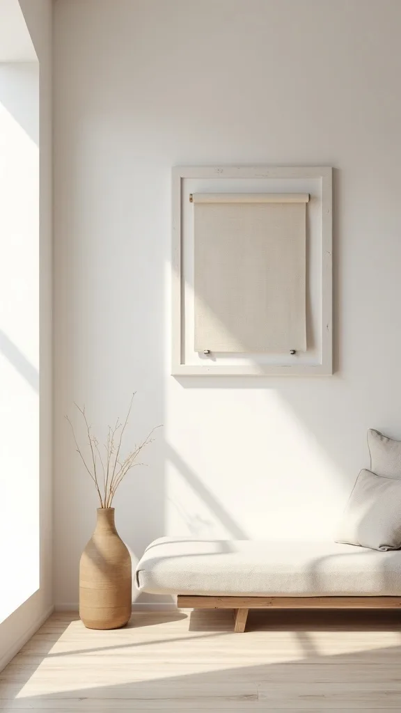 Keep wall art minimal: one scroll-like piece or textured panel