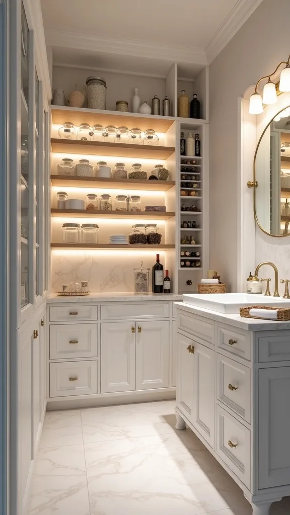 The Signature Wall: Floor-to-Ceiling Shelving + Pull-Outs + Glass Jars + Wine Rack + Integrated Lighting