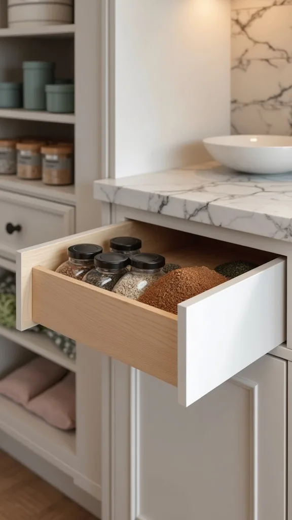 Spice and Seasoning Drawer With 15-Degree Angled Inserts