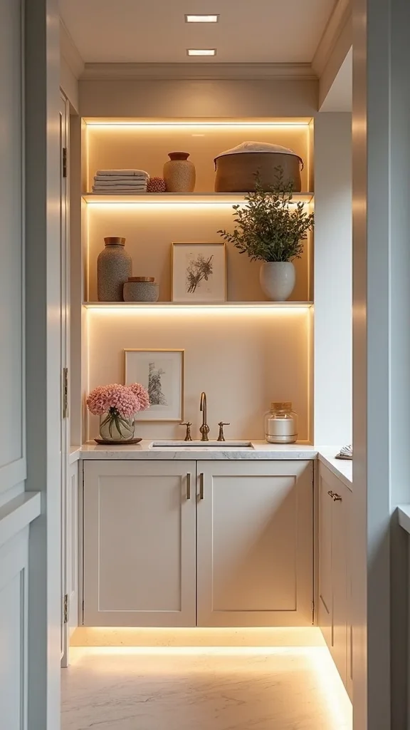 Integrated Lighting Plan: Under-Shelf LEDs in Warm White Light (2700K–3000K)