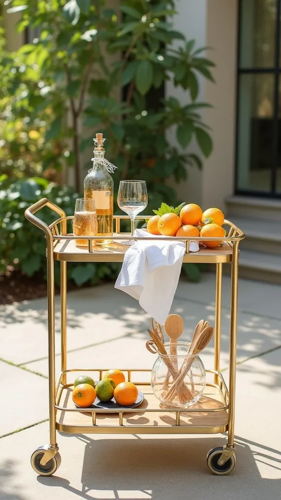 Gold cart “hero setup” with citrus, linen, and tools