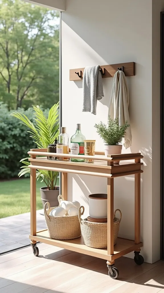 Add a small-space side shelf using hooks and a towel bar