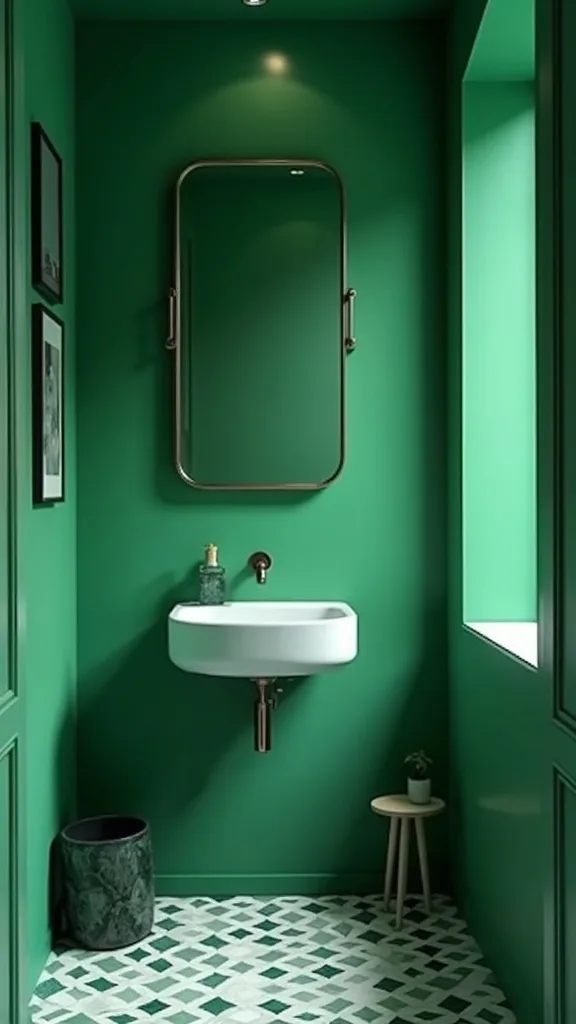 How do you add personality with art in a bold green bathroom?