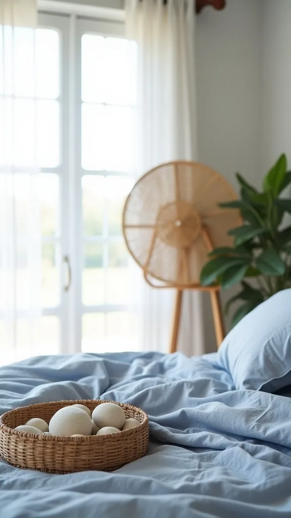 Start with the hero quartet: sheer linen curtains + blue-grey linen bedding + bamboo fan + pebble tray