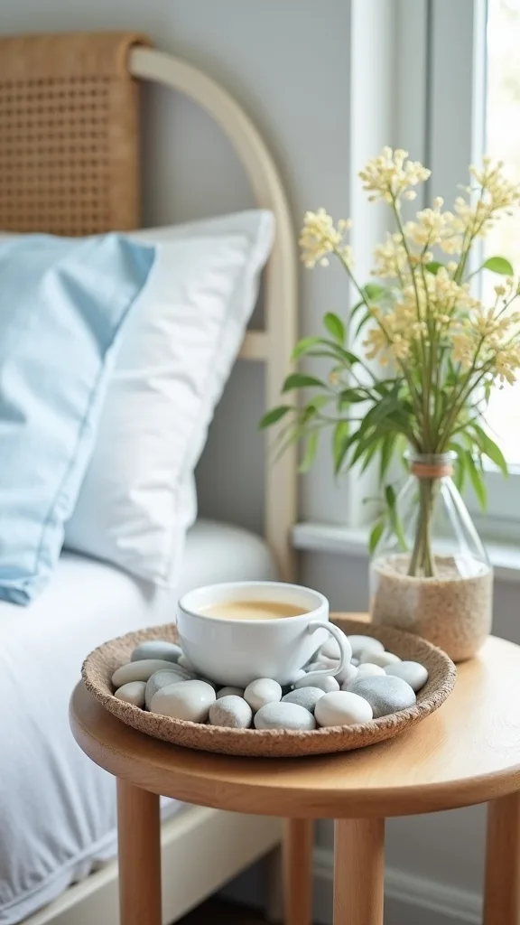 Create a pebble tray “cooling moment” on the nightstand