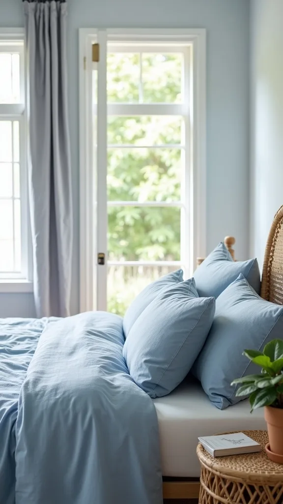 Choose blue-grey bedding to cool the room without going “nautical”