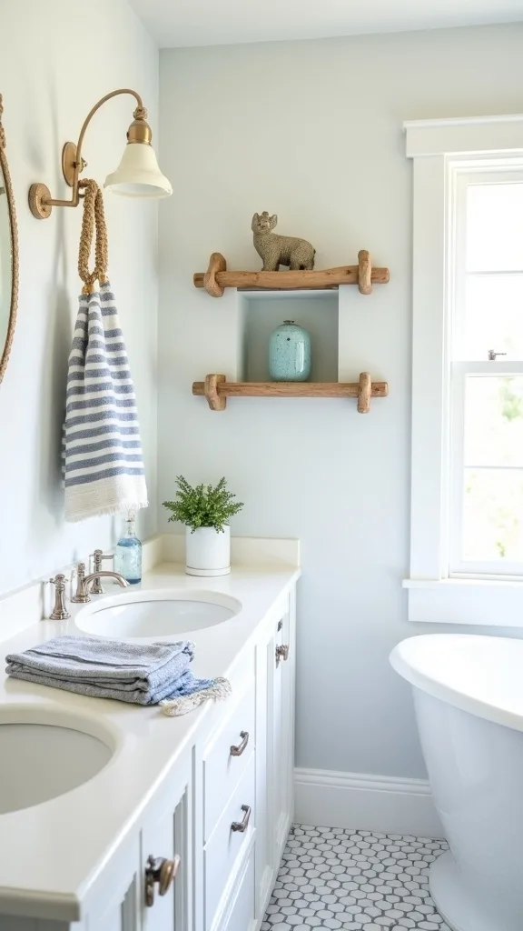 Start with a “hero quartet”: striped towels, sea-glass niche, rope mirror, driftwood shelf