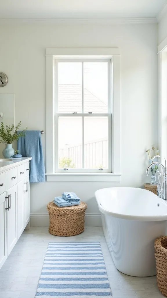 Add a subtle stripe with a runner or rug (great for long, narrow baths)