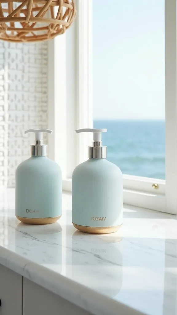 Make your countertop “sea-glass clean” with matching refillable bottles