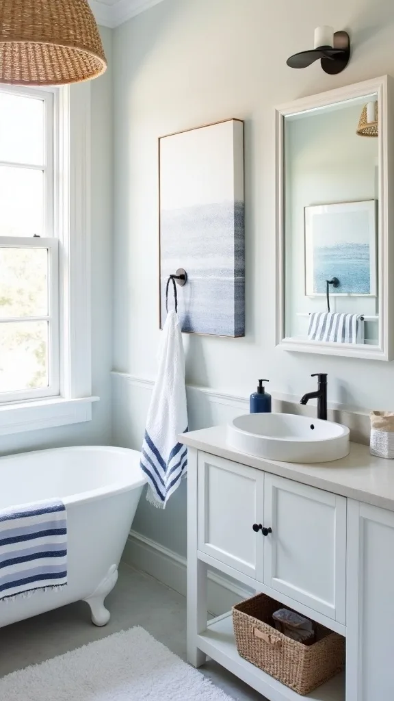 Use navy-and-white stripe towels like pattern—without adding busy wallpaper