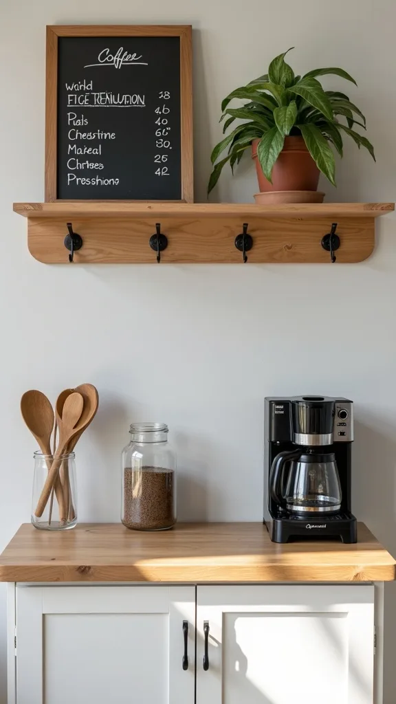 Open-shelf espresso nook with hooks, chalkboard menu, and one plant