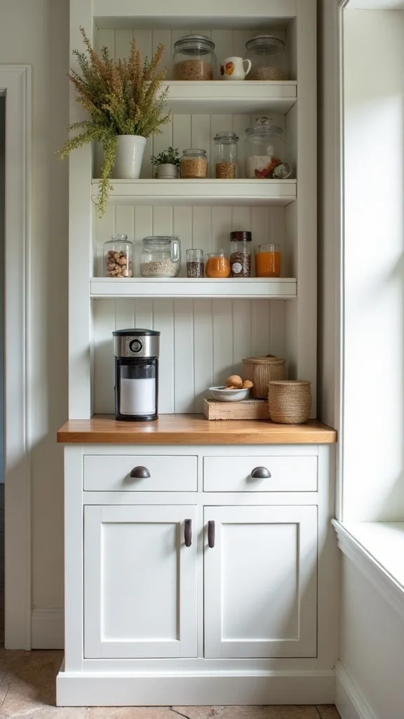 How do you create a coffee bar using a pantry cabinet or hutch?