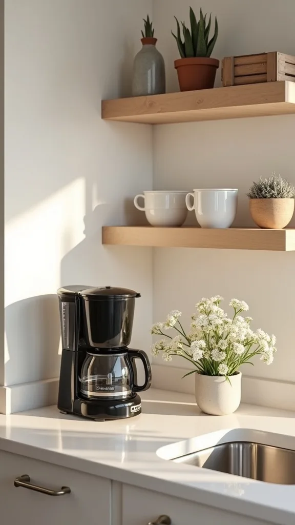 How do you set up a coffee bar in a small kitchen without clutter?