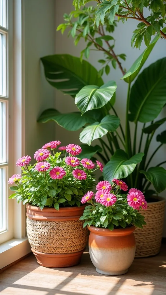 The Classic Trio: Terracotta + Glazed Ceramic + Half-Barrel with Zinnias & Petunias