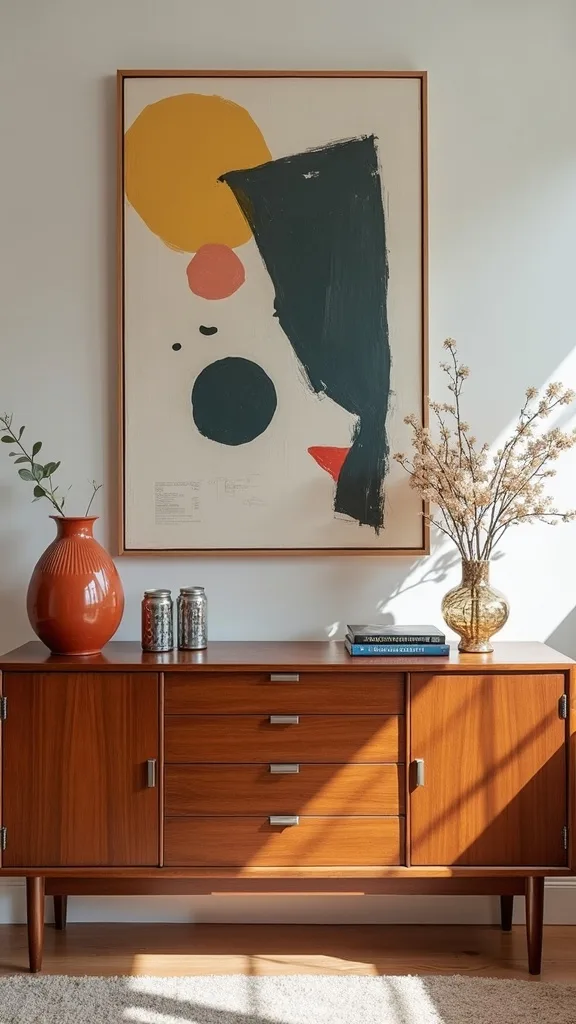 Style a mid-century sideboard under modern art (then let the sofa do the bragging)