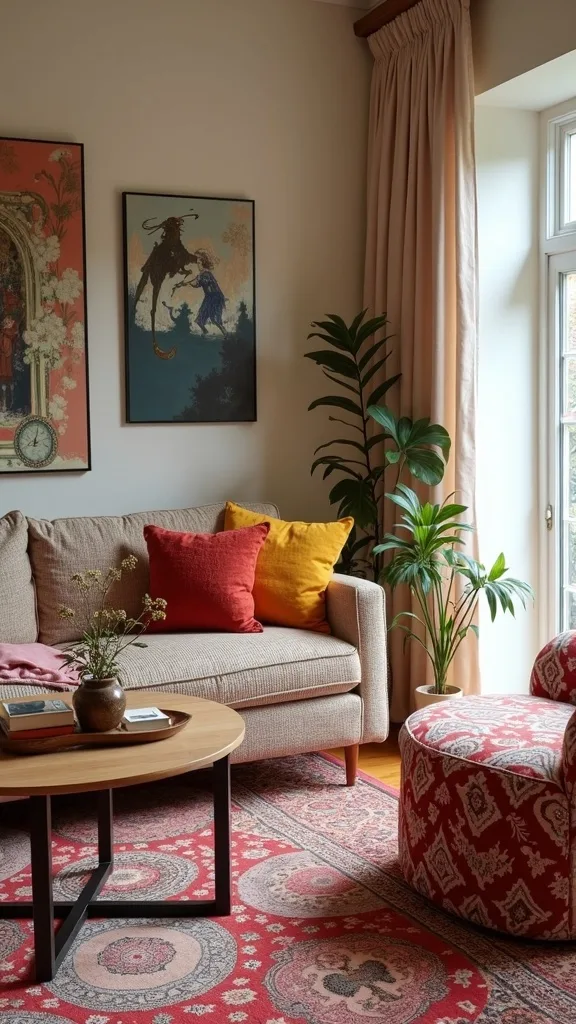 What furniture layout makes mixed styles feel cohesive?