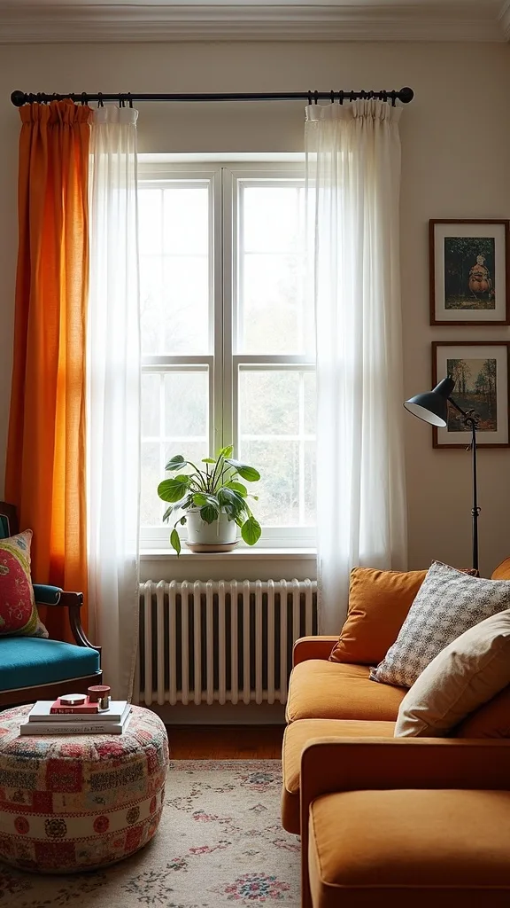 What window treatments fit a collected eclectic living room?
