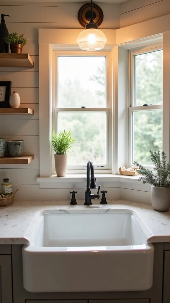 What lighting makes the sink wall look finished during a renovation?