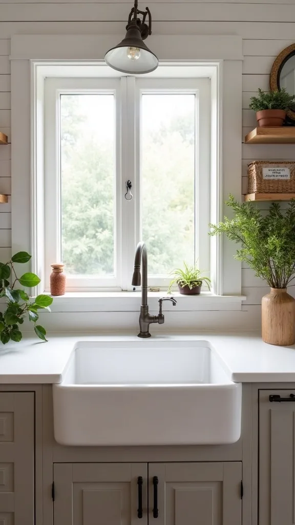 How do I style the sink area so it feels like a finished farmhouse kitchen?