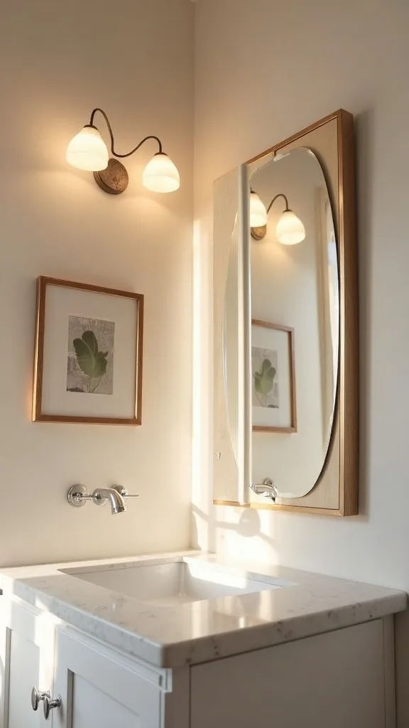 Bedroom art display idea: mini mirror as a light booster