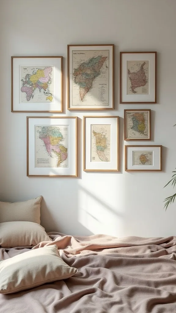 Picture wall idea: postcards and travel maps in inexpensive mats