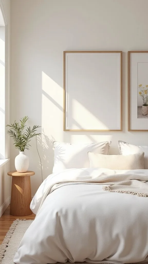 Bedroom art display idea: one oversized print + tiny cluster beside it