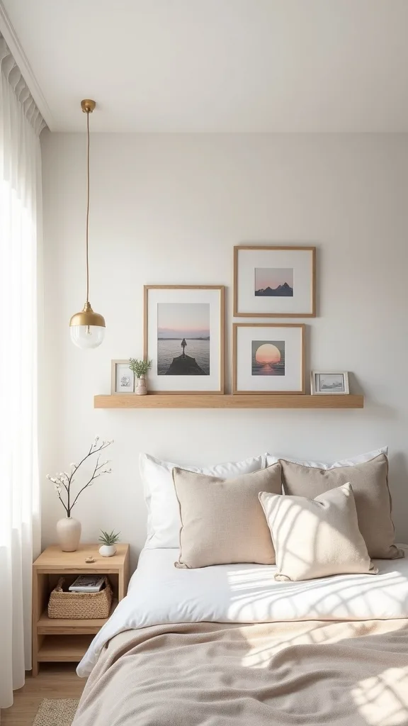 Bedroom art display idea: one floating ledge you can swap seasonally