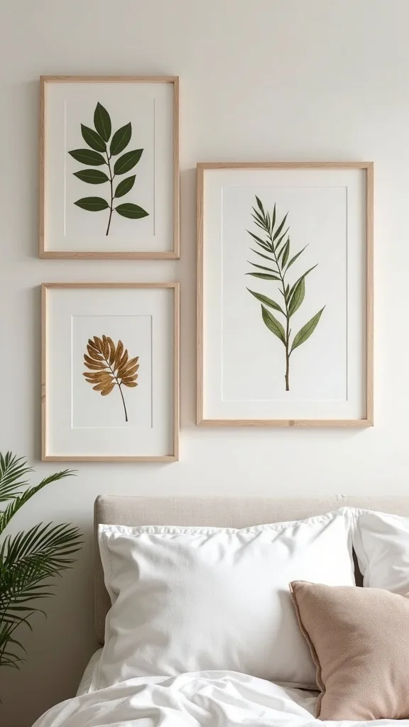 Picture wall idea: botanical prints + pressed leaves in thrift frames
