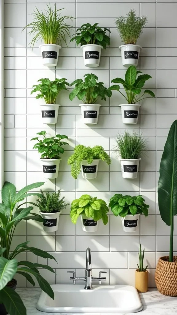 Grid of 12 magnetic herb pots on white tile with chalkboard labels