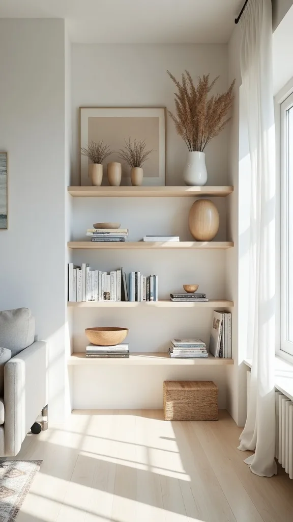 How do you style shelves in Japandi home decor without clutter?
