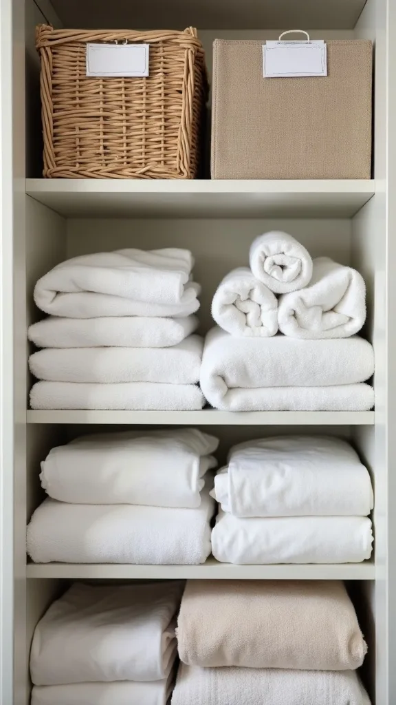 Start with the KonMari towel fold + matching bins + color-sorted linens + label maker refresh