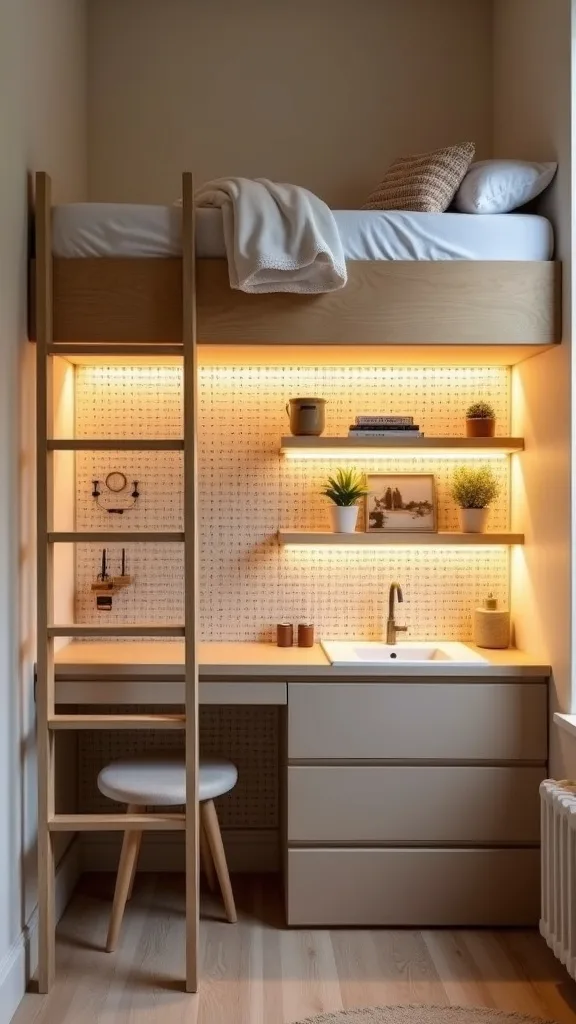 Built-in ladder loft with full desk, shelving, LED strip lighting, and pegboard underneath