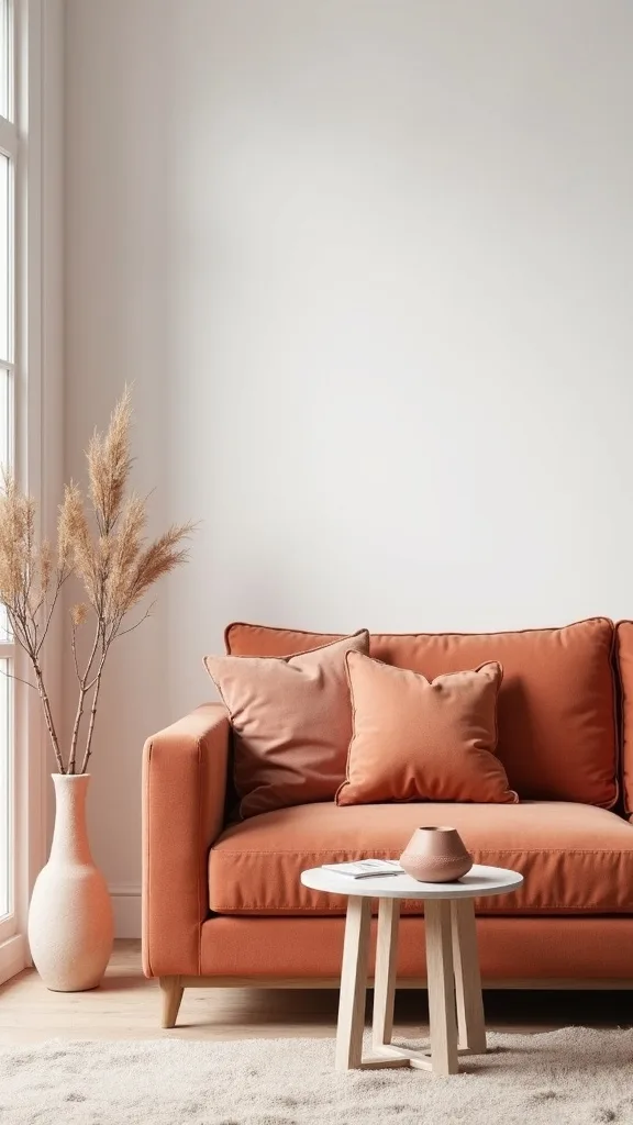 What kind of sofa fabric works best for a terracotta tonal scheme?