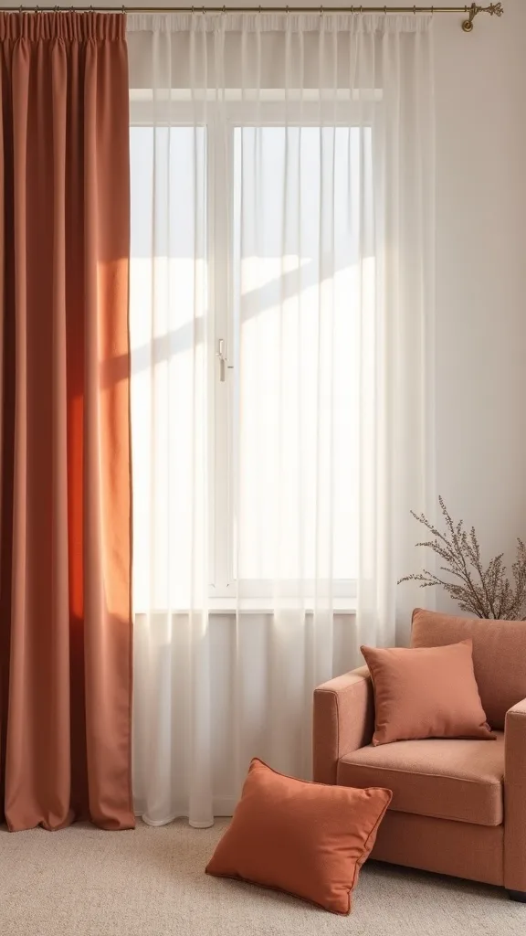 What curtains look best in an all-terracotta living room?